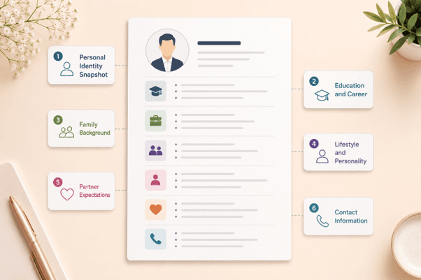 The 6-part structure of a strong arranged marriage biodata — numbered sections showing personal identity, education and career, family background, lifestyle, partner expectations, and contact information