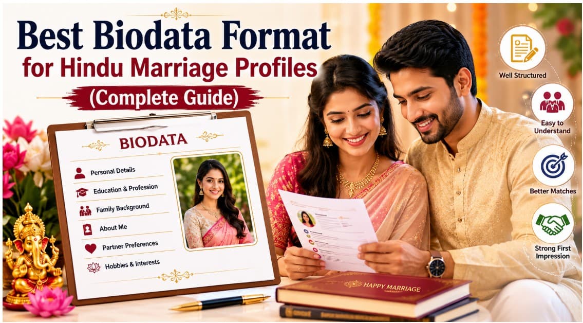 Best biodata format for Hindu marriage profiles — couple reviewing matrimonial biodata with structured sections including personal details, family, and partner preferences