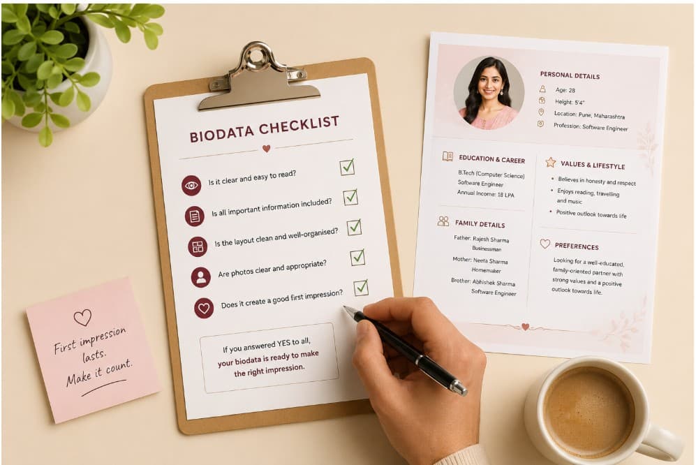 Biodata design checklist before sharing — clipboard with five readability checks next to a completed biodata profile