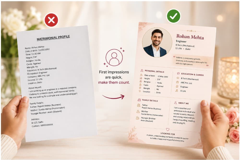 First impression comparison — poorly formatted biodata vs professionally designed biodata side by side