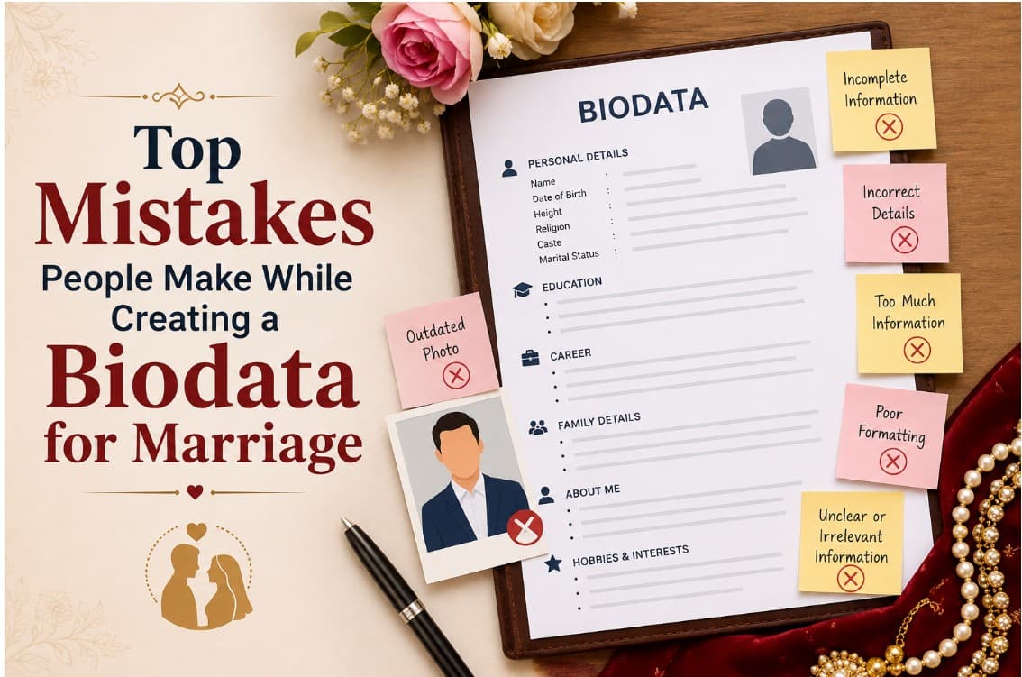 Top mistakes people make while creating a marriage biodata — infographic with biodata form and sticky notes