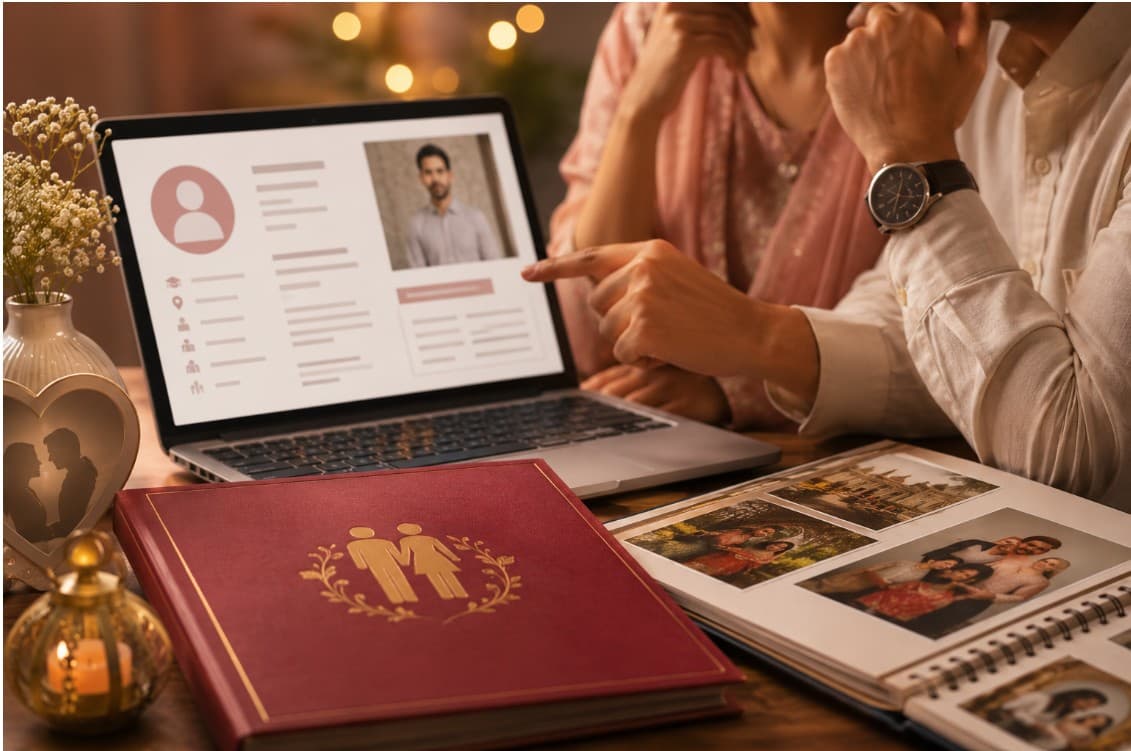 Family reviewing a marriage biodata together on a laptop — first impressions matter