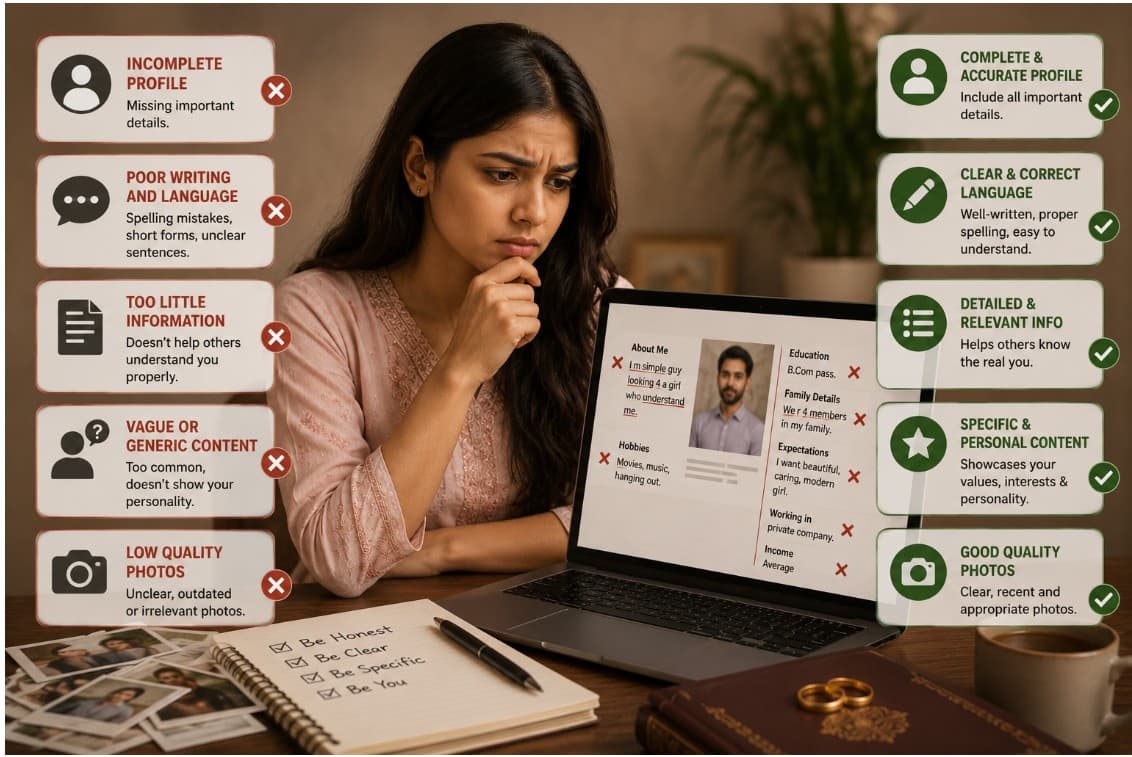 Incomplete vs complete marriage biodata profile — woman reviewing information mistakes on laptop