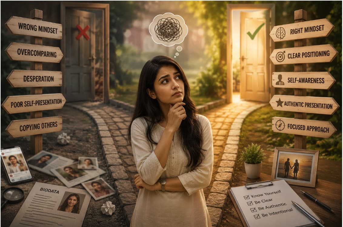Wrong mindset vs right mindset for marriage biodata — woman choosing between two paths