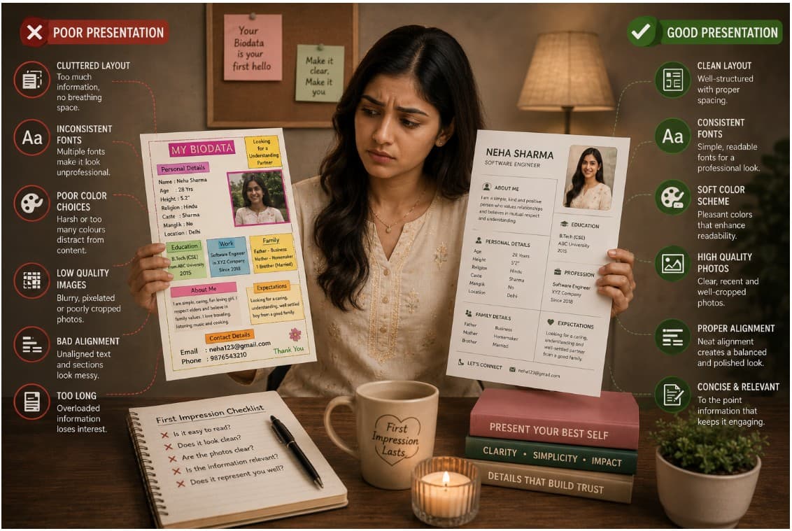 Poor presentation vs good presentation in marriage biodata — woman comparing two biodata designs