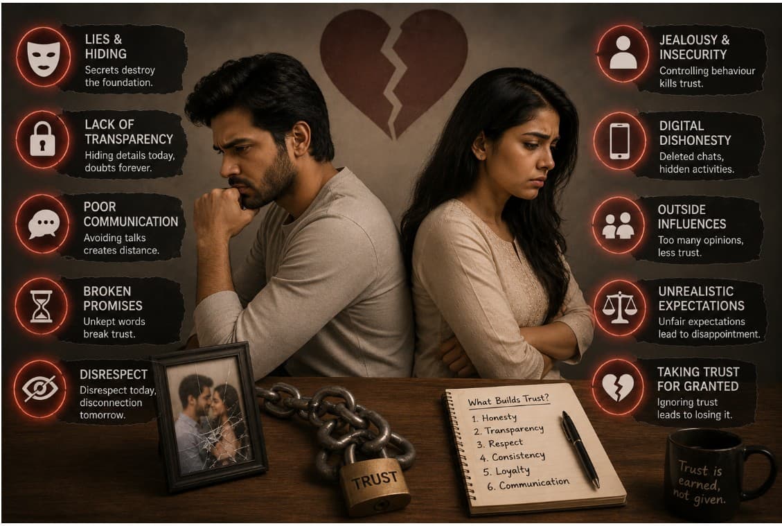 Trust killers in marriage biodata — couple sitting apart with broken trust signs