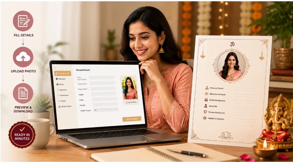 Create Hindu marriage biodata without formatting hassle — Indian woman smiling at laptop creating a professional matrimonial biodata with fill details, upload photo, preview and download steps