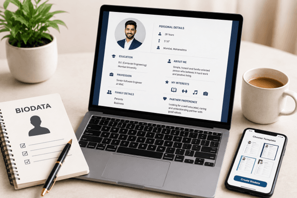The easiest way to create a professional arranged marriage biodata — laptop showing a completed biodata on BiodataPlus with clean layout, photo, and all sections filled in
