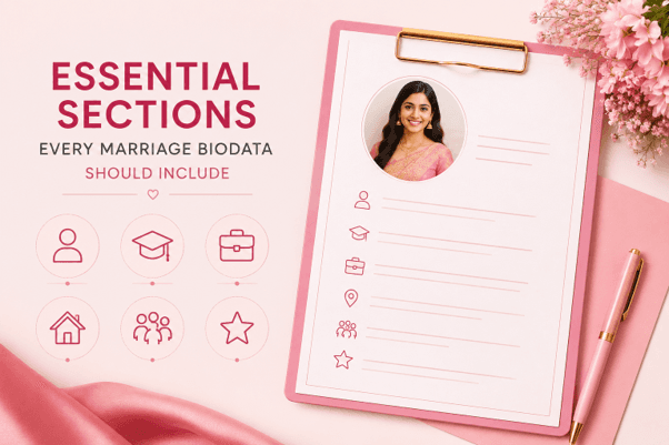 Essential sections every marriage biodata should include — icons for personal details, education, career, family background, hobbies, and partner preferences around a sample biodata clipboard