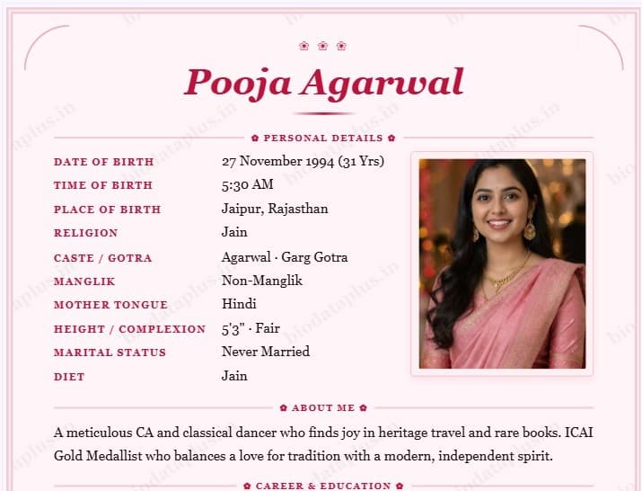 Rose marriage biodata format — sample biodata of Kavya Iyer in elegant pink floral design