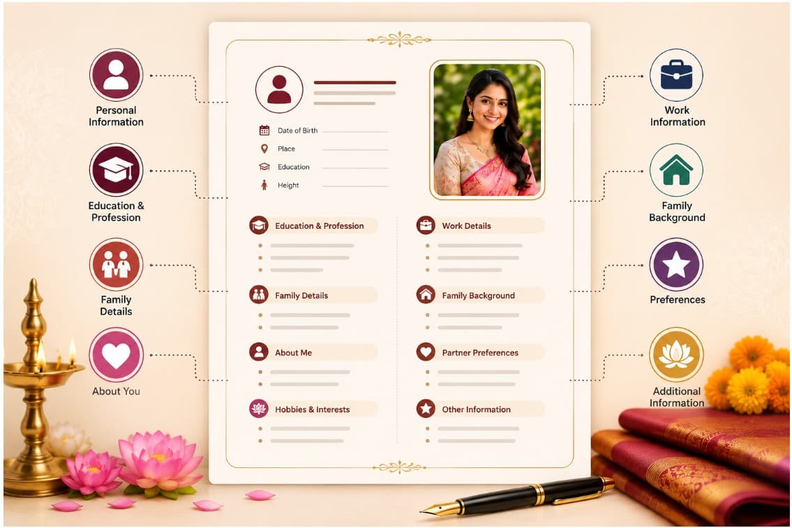 Hindu marriage biodata format structure — diagram showing all sections including personal information, education, family details, about me, and partner preferences