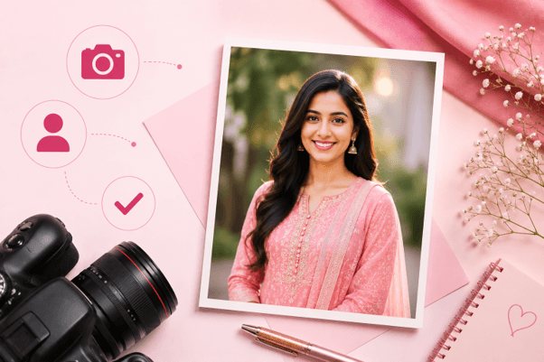 How to choose the right photo for marriage biodata — woman in formal pink attire with natural lighting and genuine smile, camera and photo equipment shown alongside