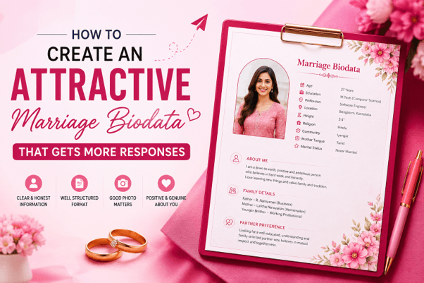 How to create an attractive marriage biodata — sample biodata on clipboard showing clear layout with photo, personal details, about me, family details, and partner preferences