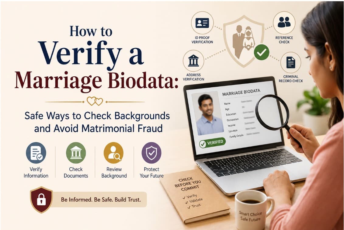 How to verify a marriage biodata — woman checking biodata on laptop with verification checklist icons