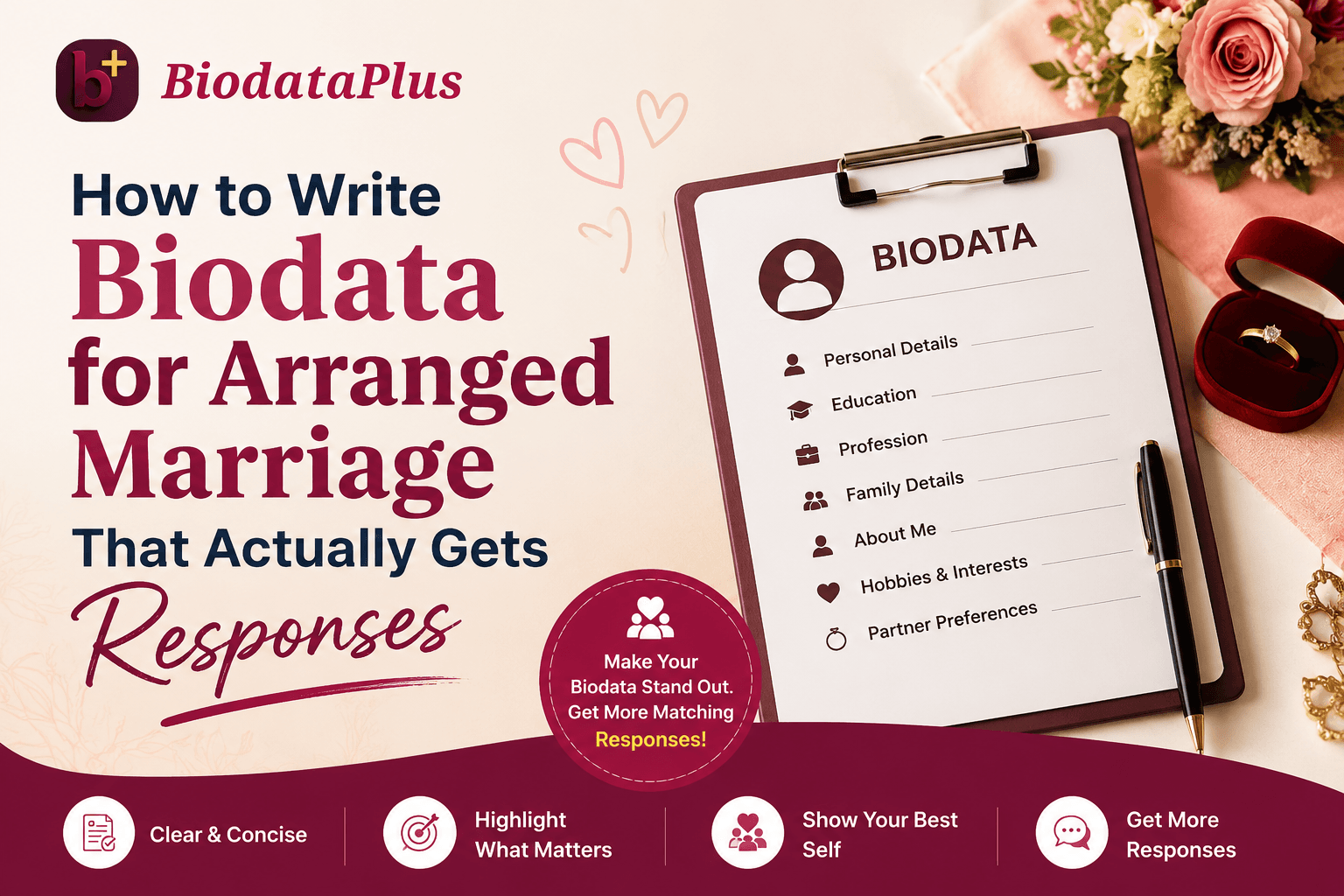 How to write biodata for arranged marriage — sample biodata on clipboard with photo, personal details, education, family, and partner expectations