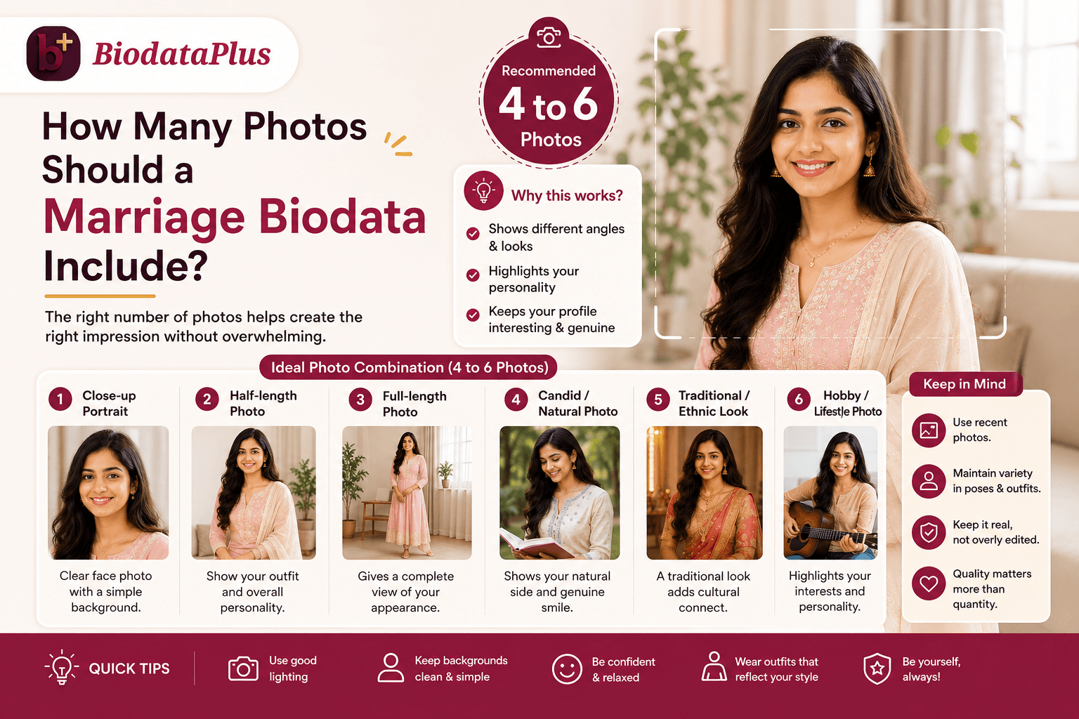 How many photos should a marriage biodata include — recommended 4 to 6 photos with ideal combinations explained