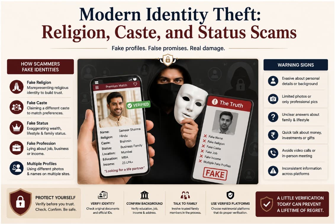 Modern identity theft in matrimonial profiles — infographic showing fake religion, caste, and status scams with warning signs