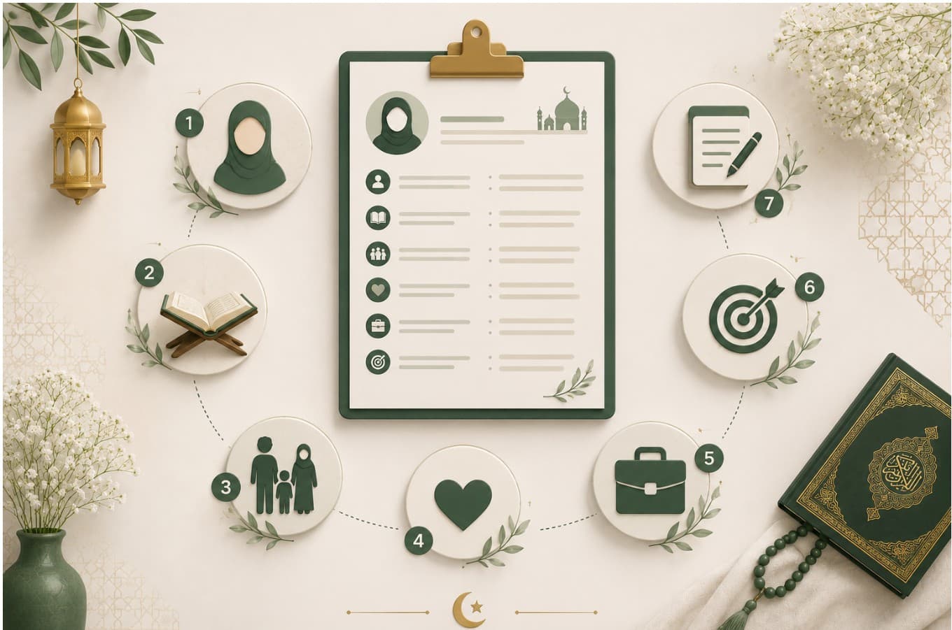 7 essential sections of a Muslim marriage biodata — seven circles around a central clipboard showing personal details, religious values, family background, lifestyle, education, partner preferences, and contact information