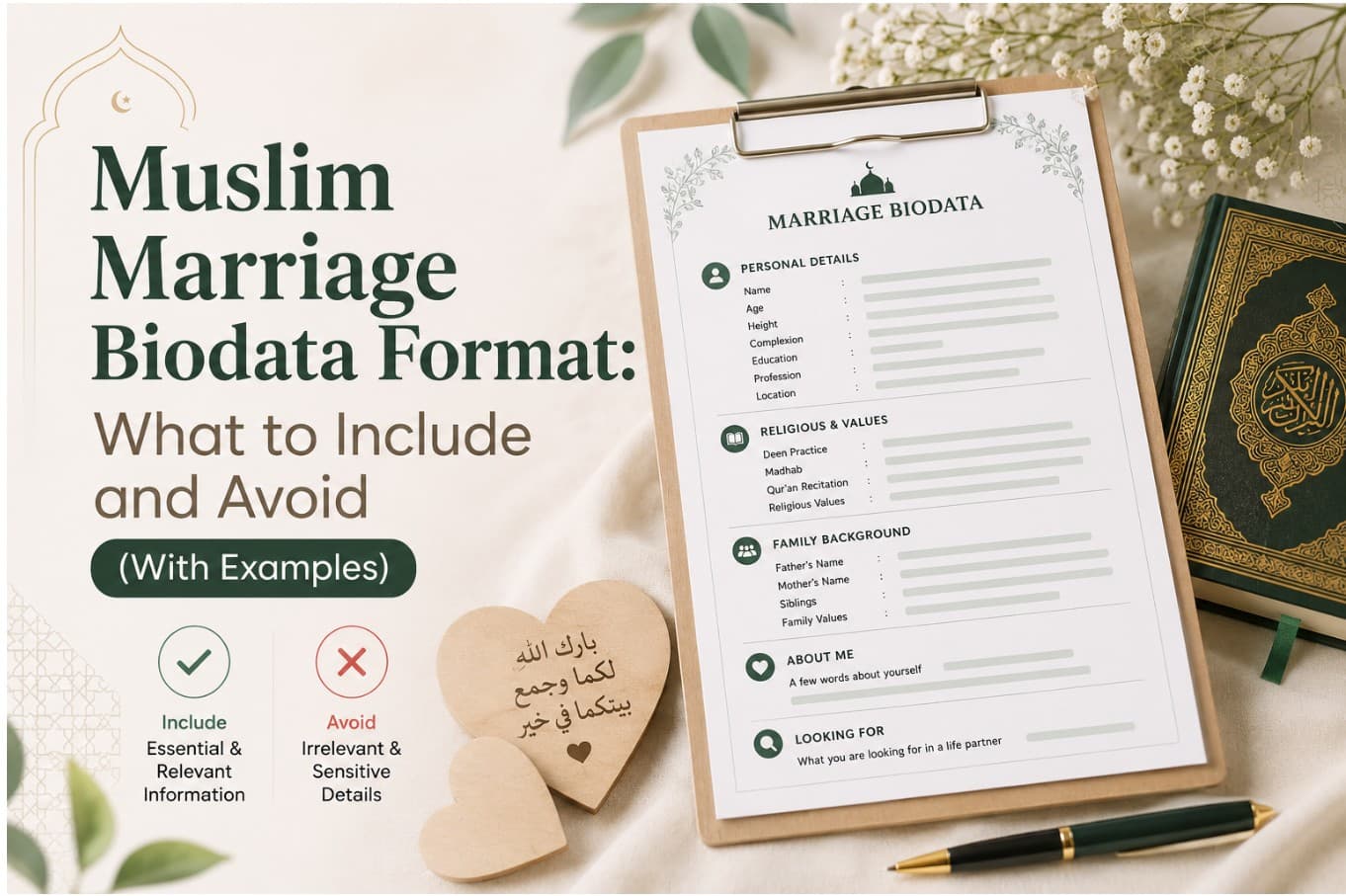 Muslim marriage biodata format — clipboard showing sections for personal details, religious values, family background, about me, and looking for with include and avoid checklist