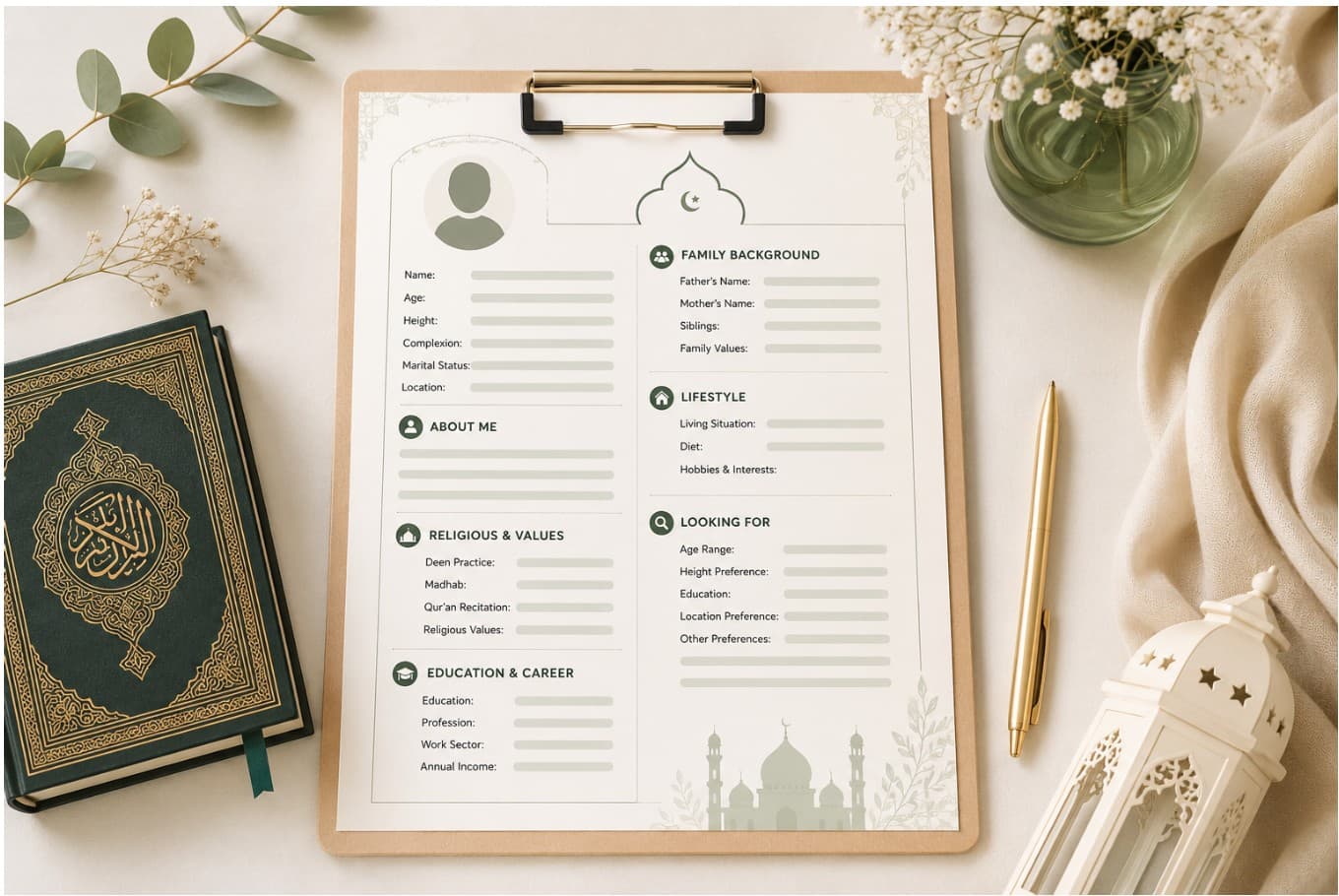 Muslim marriage biodata format ready-to-copy template — structured biodata on clipboard showing all sections including personal details, religious values, education, family background, lifestyle, and looking for