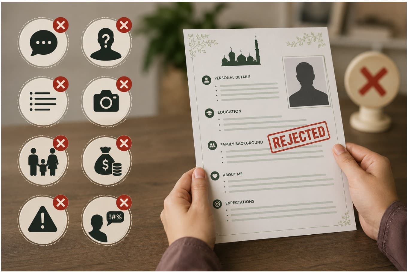 8 mistakes that make families skip your Muslim marriage biodata — rejected biodata on clipboard surrounded by icons showing common errors like overfiltered photos, negative language, missing sections, and private information oversharing