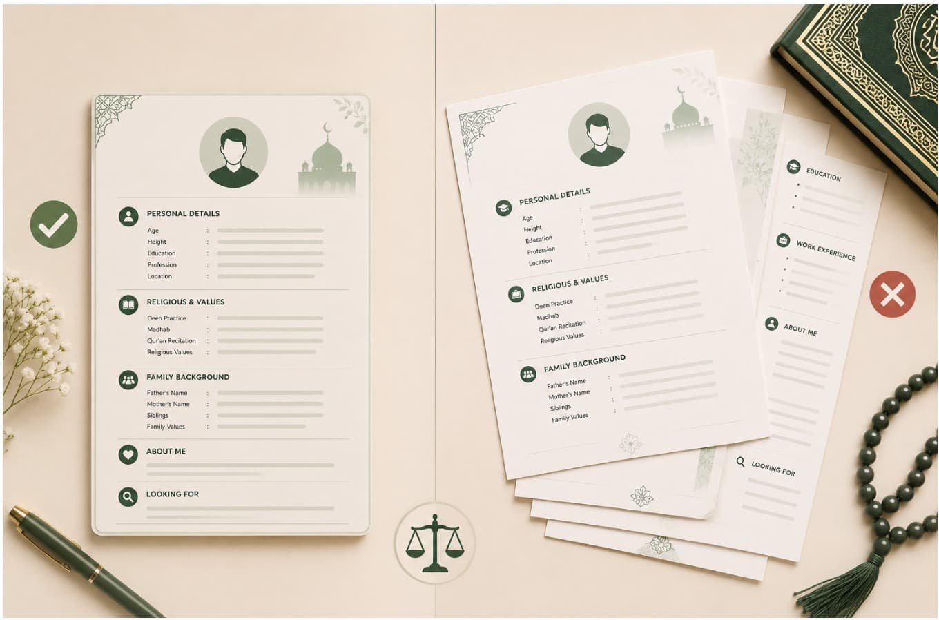 Muslim marriage biodata one-page vs two-page comparison — balance scale weighing single page with personal details and religious values against multi-page biodata with education, family background, and about me sections