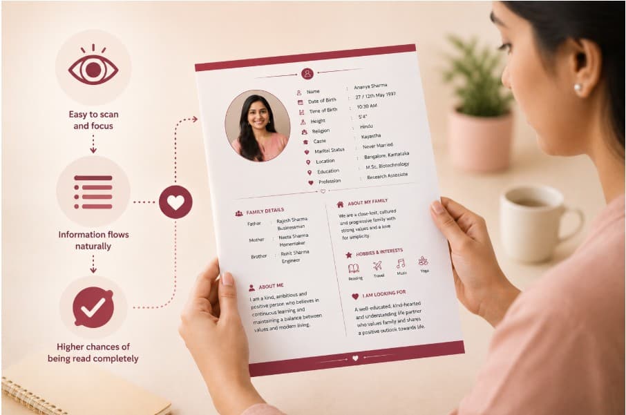 One-page biodata being read completely — easy to scan, information flows naturally, higher read-through rate