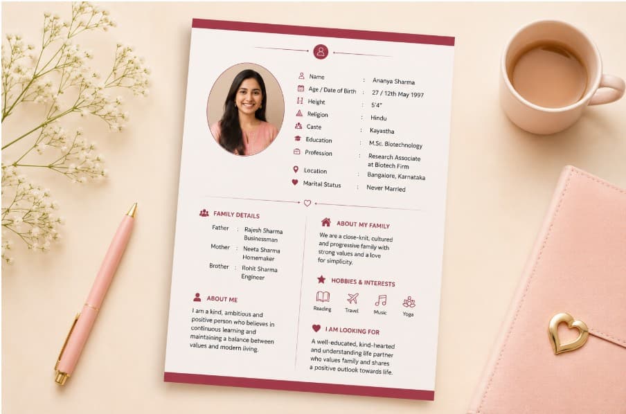 Example of a one-page marriage biodata — clean layout with personal, education, family, and contact details