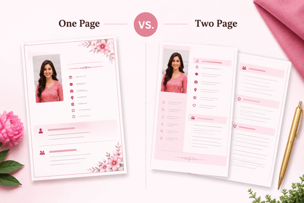 One page vs two page marriage biodata — side-by-side comparison showing a compact single-page biodata and a more detailed two-page biodata format