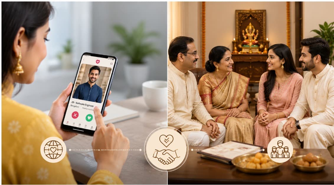 Online matrimony vs offline family introductions — split image of woman browsing marriage profiles on phone and a family meeting in person for a traditional biodata introduction