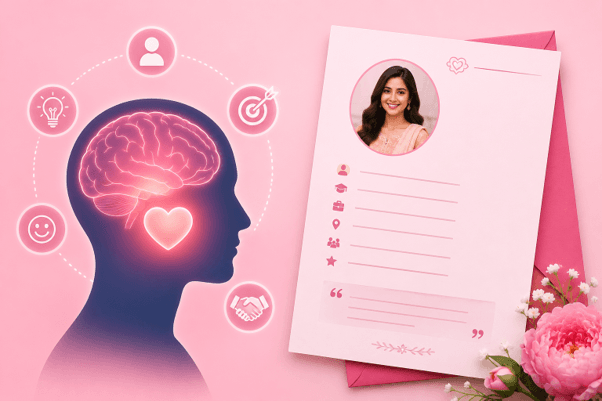 The psychology behind a biodata that gets more responses — brain illustration beside a marriage biodata showing how families scan for photo, profession, family background, and partner expectations first