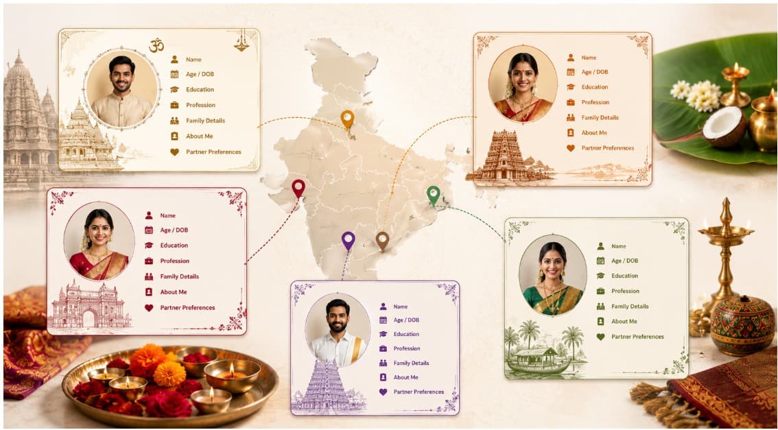 Regional variations in Hindu marriage biodata — India map showing different biodata preferences for North Indian, South Indian, Gujarati, Marathi, and Bengali families