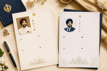 Sikh wedding biodata examples — two professional Sikh marriage biodata templates side by side with Khanda symbol, photo placeholder, and sections for personal details, education, family, and partner preferences