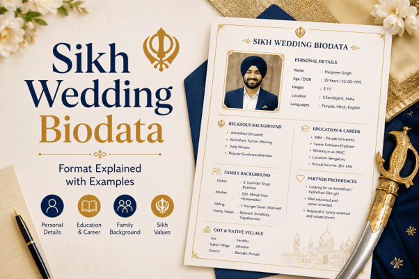Sikh wedding biodata format explained with examples — biodata document showing personal details, religious background, education, family information, and partner preferences sections