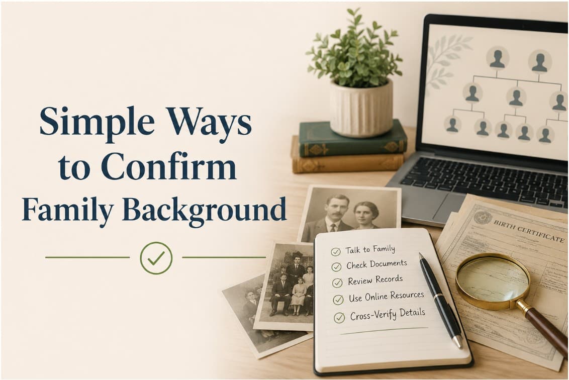 Simple ways to confirm family background — checklist with family photo, birth certificate, and laptop showing family tree