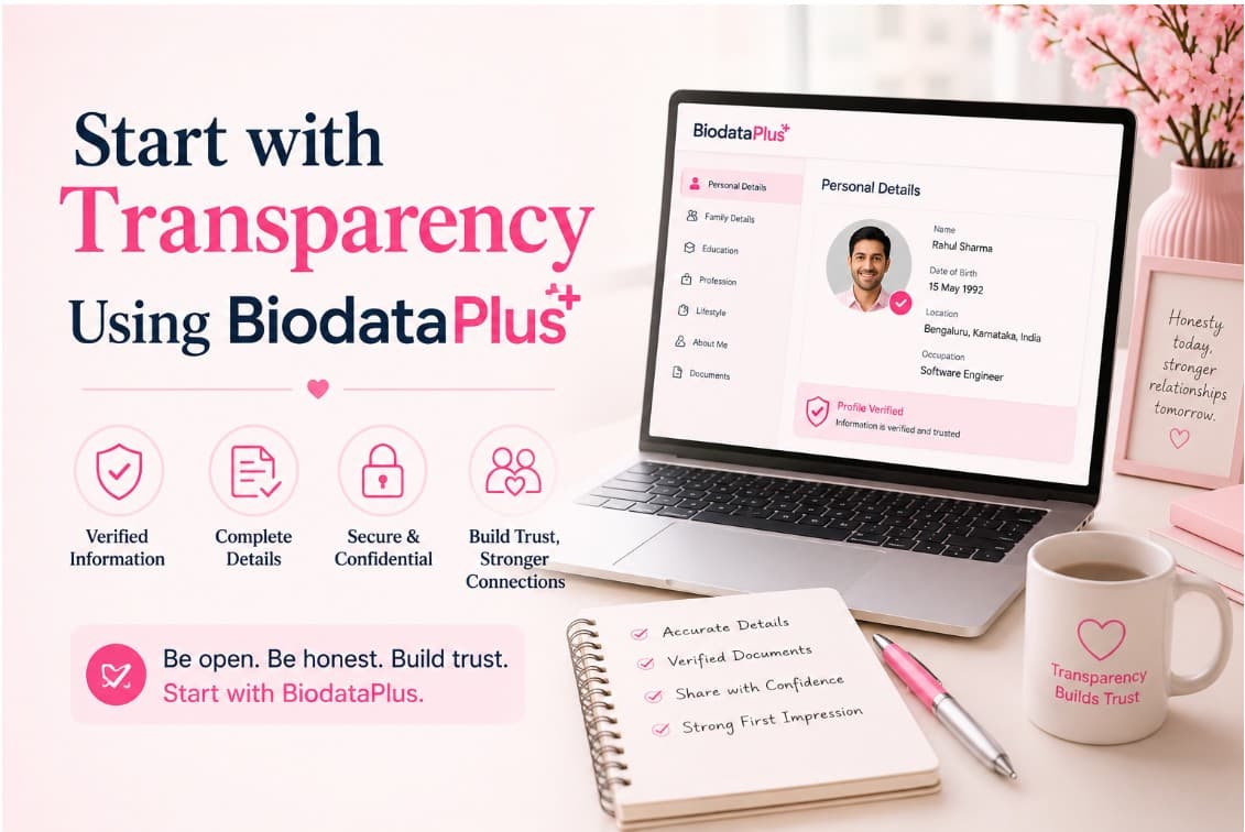 Start with transparency using BiodataPlus — structured digital biodata profile on laptop showing verified information