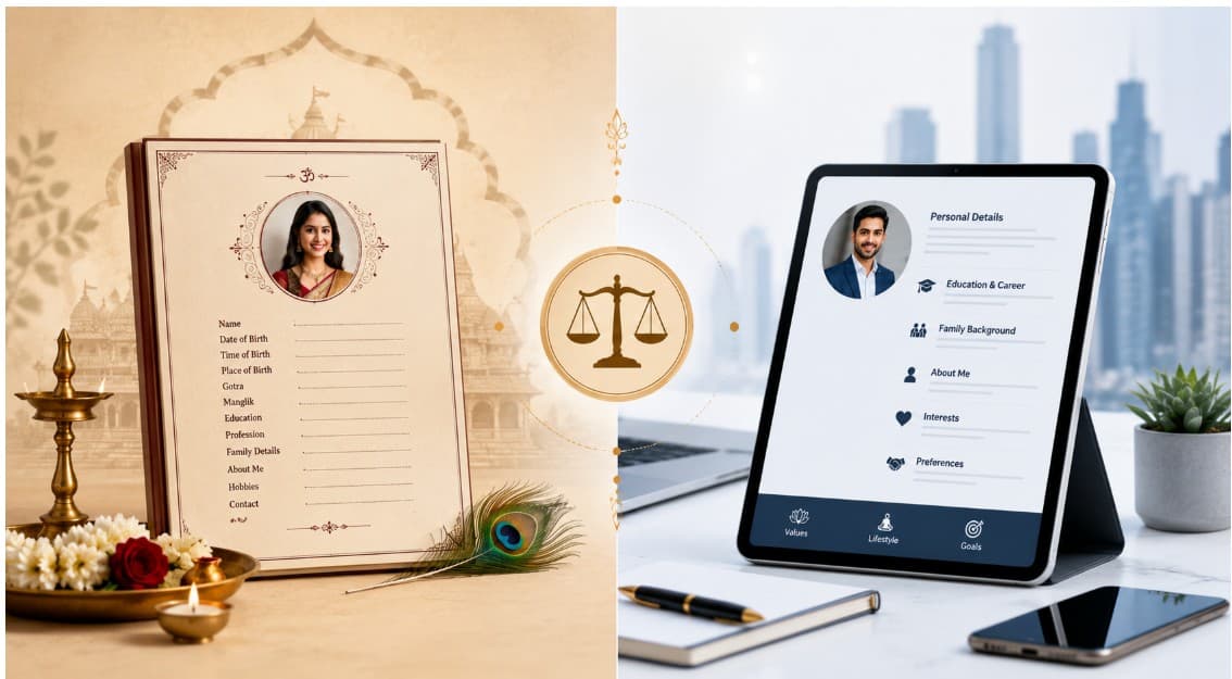Traditional vs modern Hindu marriage biodata — side-by-side comparison of a traditional paper biodata and a modern digital matrimonial profile on a tablet