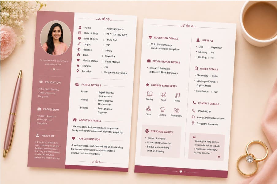 Example of a two-page marriage biodata — detailed layout with extended family, lifestyle, and expectations sections