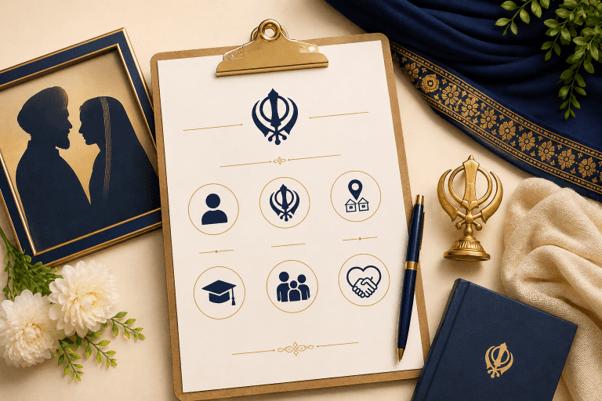 What should a Sikh marriage biodata include — clipboard with Khanda symbol showing icons for personal details, religious background, education, family background, and partner preferences sections