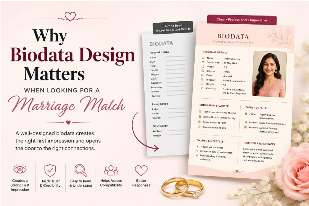 Why biodata design matters — side-by-side comparison of poorly formatted vs professionally designed marriage biodata