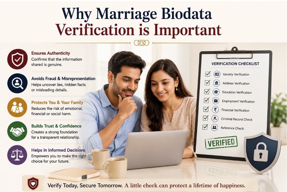Why marriage biodata verification is important — infographic showing verification checklist with couple reviewing documents