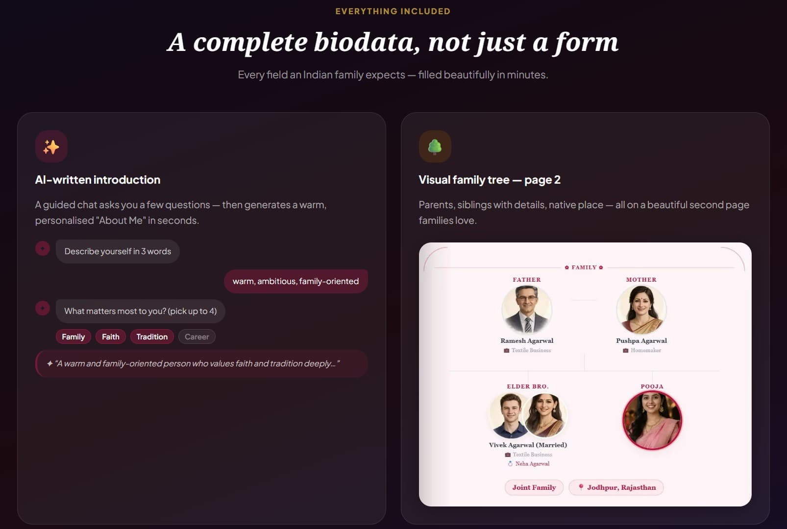 BiodataPlus AI-generated About Me section — personalised biodata introduction written automatically
