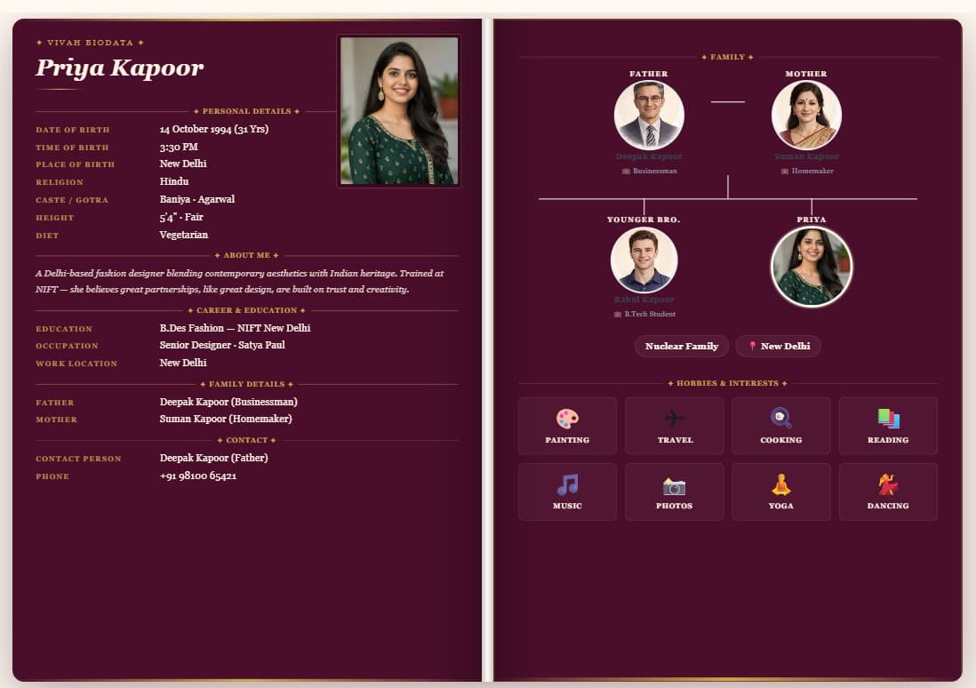 Marriage biodata showing page 1 with personal details and page 2 with visual family tree and hobbies