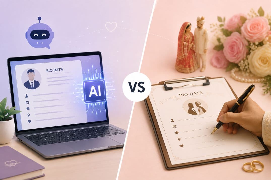 AI vs Manual Marriage Biodata Writing — split image showing AI on laptop screen versus hand-written biodata on clipboard AI vs Manual Marriage Biodata Writing — split image showing AI on laptop screen versus hand-written biodata on clipboard