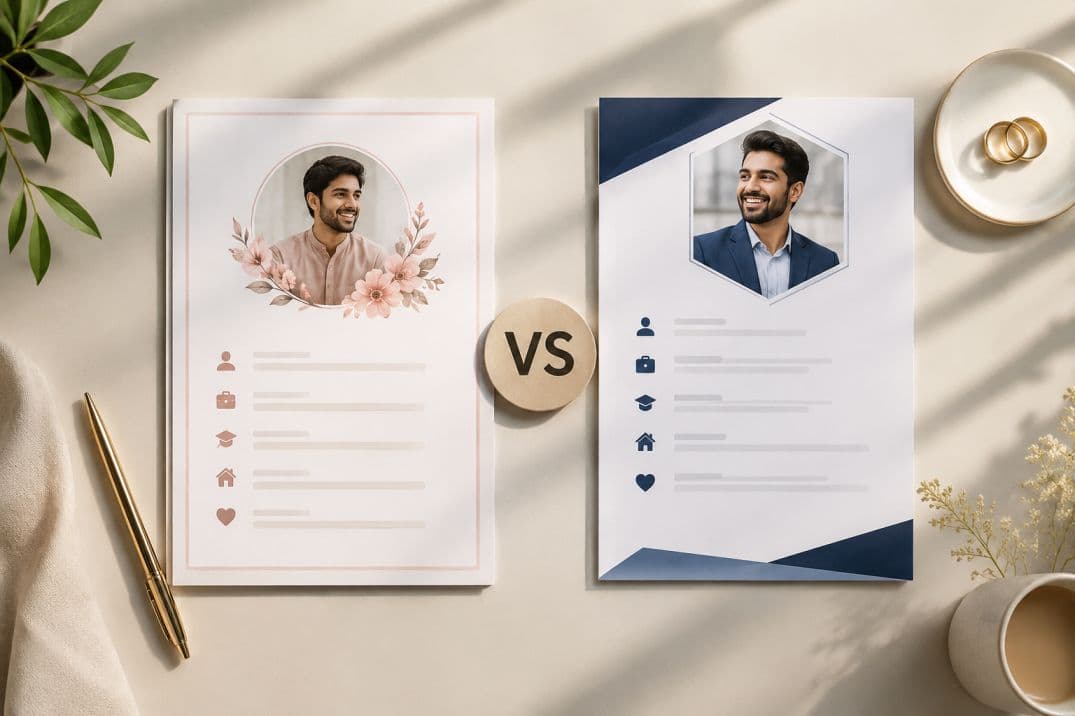 Which is better for a personal marriage biodata — two biodata templates side by side, one soft pink floral and one modern navy Which is better for a personal marriage biodata — two biodata templates side by side, one soft pink floral and one modern navy