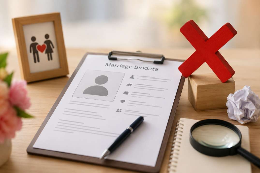 The biggest mistakes people make in their marriage biodata — crumpled biodata beside a magnifying glass and red X mark, showing common errors in matrimonial profiles The biggest mistakes people make in their marriage biodata — crumpled biodata beside a magnifying glass and red X mark, showing common errors in matrimonial profiles
