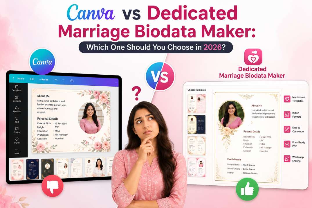 Canva vs Dedicated Marriage Biodata Maker comparison — woman thinking between Canva interface and BiodataPlus matrimonial templates with structured sections Canva vs Dedicated Marriage Biodata Maker comparison — woman thinking between Canva interface and BiodataPlus matrimonial templates with structured sections