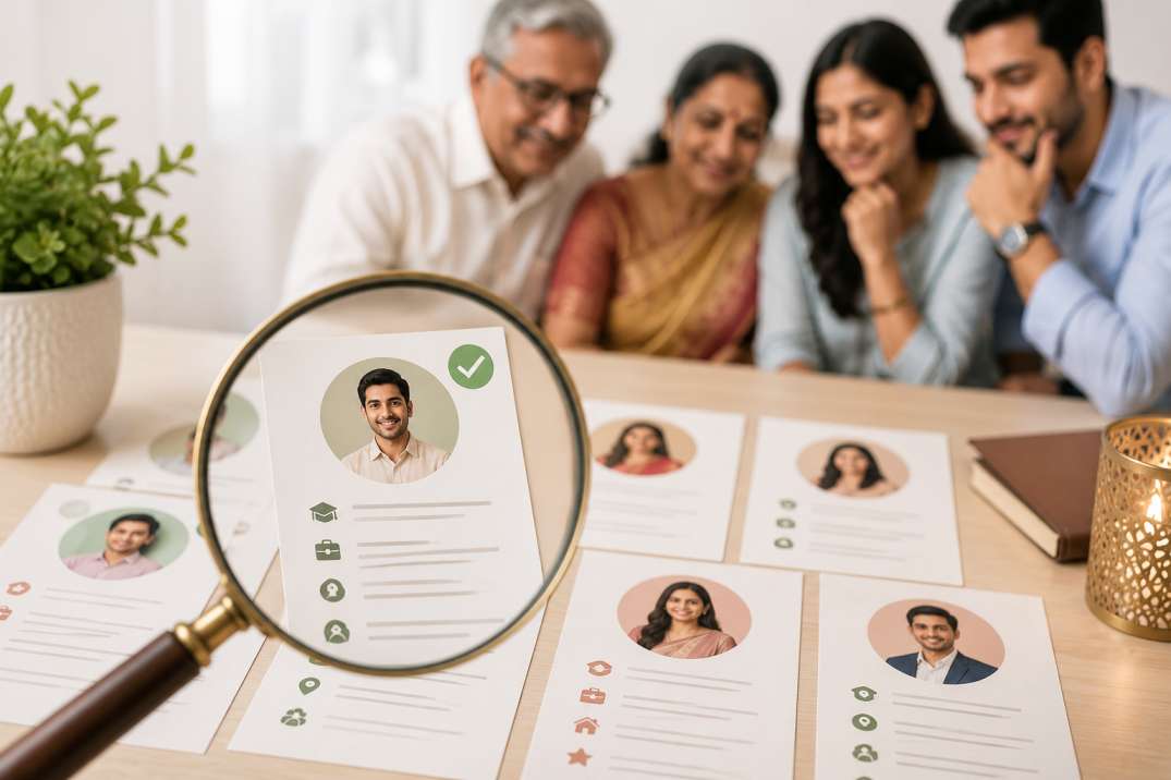 Every family has a different shortlisting order — families reviewing marriage biodata profiles with a magnifying glass highlighting one shortlisted candidate Every family has a different shortlisting order — families reviewing marriage biodata profiles with a magnifying glass highlighting one shortlisted candidate