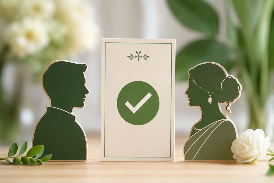Green flags in marriage biodata for brides and grooms — two silhouettes facing a green checkmark card Green flags in marriage biodata for brides and grooms — two silhouettes facing a green checkmark card