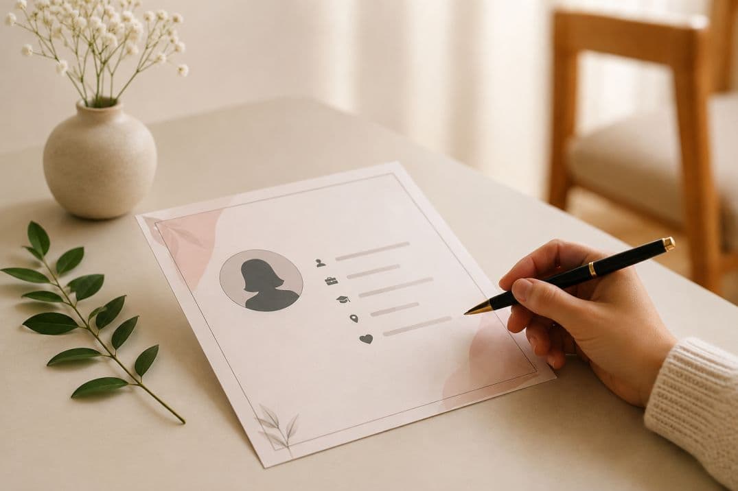 A marriage biodata should inform not impress — hand writing on a biodata form with plants on desk A marriage biodata should inform not impress — hand writing on a biodata form with plants on desk